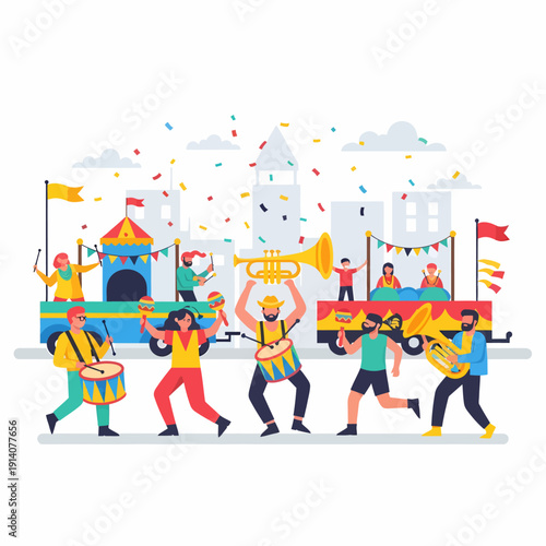 A lively street parade with musicians, dancers, and floats, featuring confetti and festive decorations.