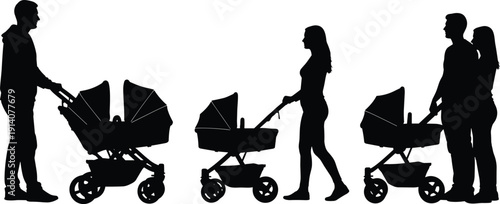 Black silhouette set of parents walking with baby strollers and double prams isolated on white background for family lifestyle design and parenting concepts