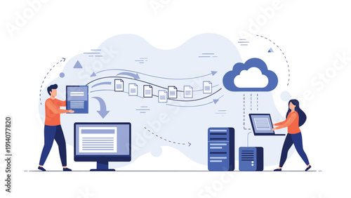 Professional IT team managing data migration and digital file storage using secure cloud technology and physical server racks.