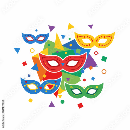 Colorful carnival masks with abstract geometric shapes and confetti, celebrating a festive masquerade event.