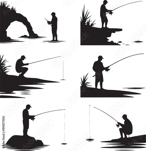 Silhouettes of men fishing in various poses and locations outdoors