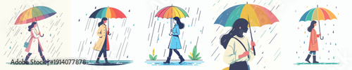 Vector Illustration of a Woman Holding an Umbrella in the Rain