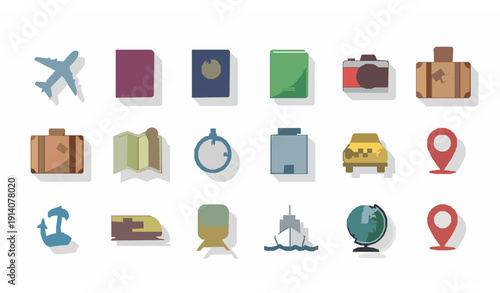 Modern travel and tourism vector icon set with transportation and vacation symbols