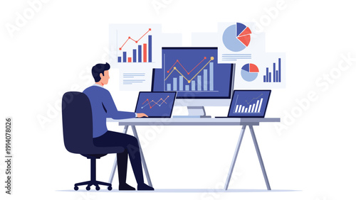 Strategic business analyst monitoring various performance graphs and financial charts on multiple desktop monitors from behind.