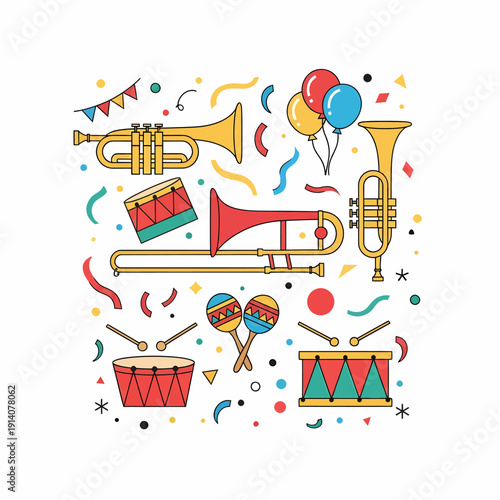 A vibrant illustration of musical instruments and party decorations, including trumpets, trombone, drums, maracas, balloons, confetti, and streamers, set against a white background.