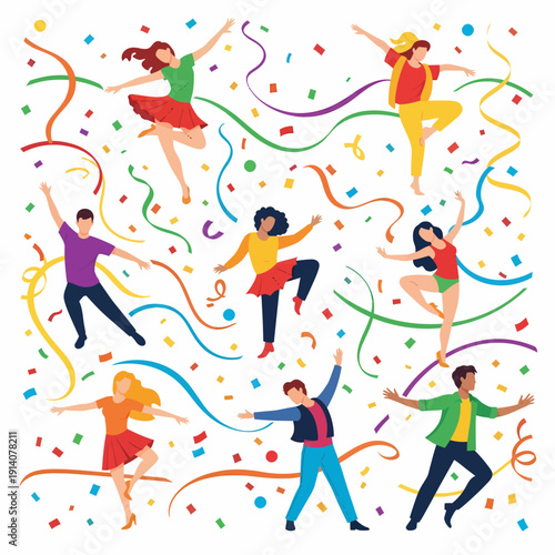 Diverse group of people dancing and celebrating amidst colorful confetti and streamers.