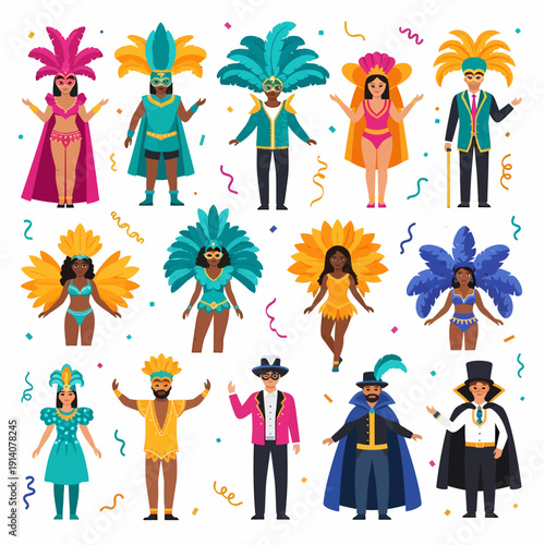 A collection of diverse people dressed in vibrant carnival costumes with feathers and festive accessories, celebrating a cultural event.