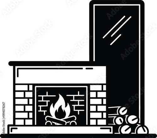 Brick fireplace with burning fire and pile of firewood logs next to tall window for home interior design vector illustration.