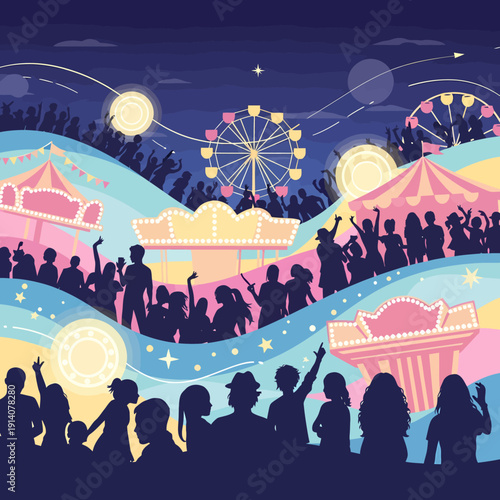 Vibrant night carnival scene with silhouetted crowds enjoying amusement rides and festive tents under a starry sky.