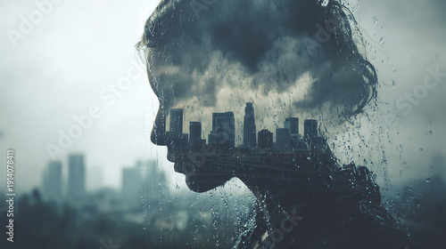 A silhouette of a thoughtful woman and the city in double exposure 