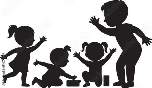 Silhouette of children playing and interacting with toys