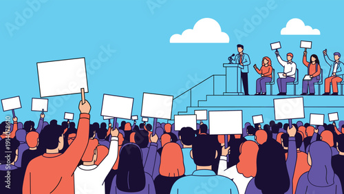 Political candidate addressing a large crowd of supporters holding blank protest signs during a rally in a public square.