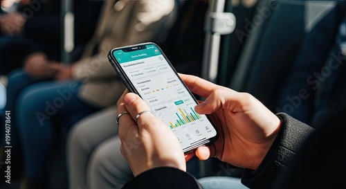 Close-up of hands holding smartphone with financial app showing charts and graphs on a bus