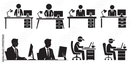 Businessmen working at office desks with computers and lamps silhouette set. vector illustration eps 10
