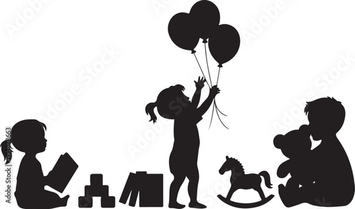 Silhouette of children playing with toys and balloons