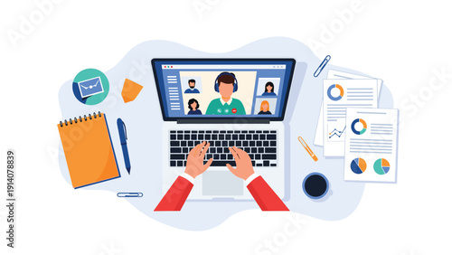 Top view of an organized workspace featuring a video call on a laptop screen with various documents and stationary items nearby.