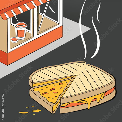 Hot Grilled Cheese Lava Toast Street Food Close Up Illustration