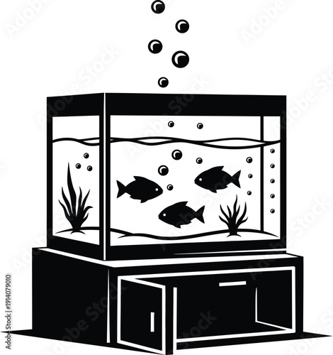 Rectangular glass aquarium tank with swimming fish and bubbles on wooden cabinet stand line art vector illustration for hobby concept.