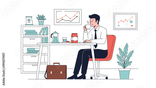 Professional man enjoying a short break with coffee while working at his tidy office desk with data charts displayed on the wall.