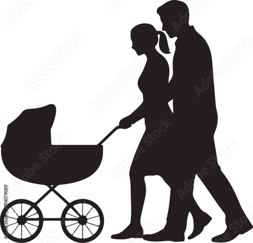 Silhouette of couple pushing baby stroller walking