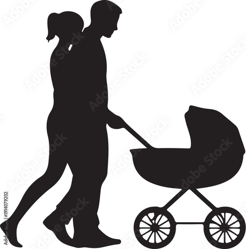 Silhouette of couple pushing baby stroller woman