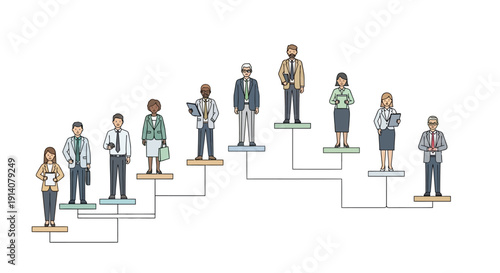 Illustration of a diverse group of business professionals standing on platforms with lines connecting them in a teamwork and social justice concept for World Social Justice Day.