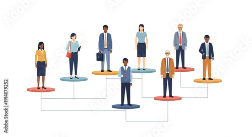 Illustration of diverse business professionals standing on colored circles, connected by lines, representing teamwork and social justice in a corporate setting.