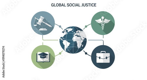 Infographic illustration of global social justice with icons representing law, medicine, education, and business connected to a world map on a clean and professional design background.