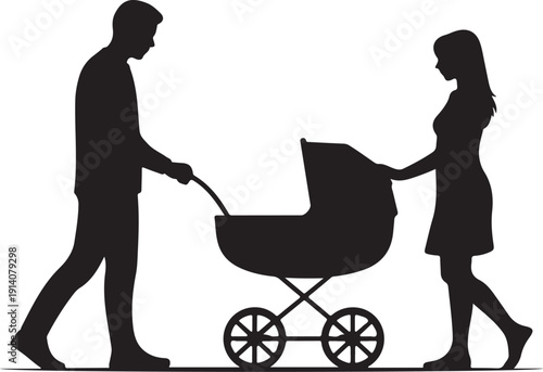 Silhouette of couple pushing baby stroller woman