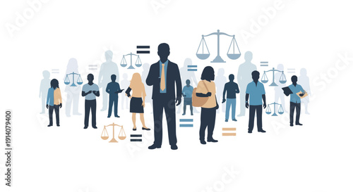 Illustration of diverse business people standing together with justice and law icons around them on a clean white background for World Social Justice Day.