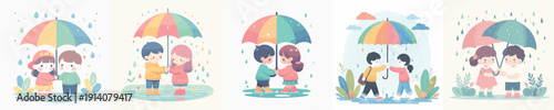 Vector Illustration of a Two Kids Holding an Umbrella in the Rain