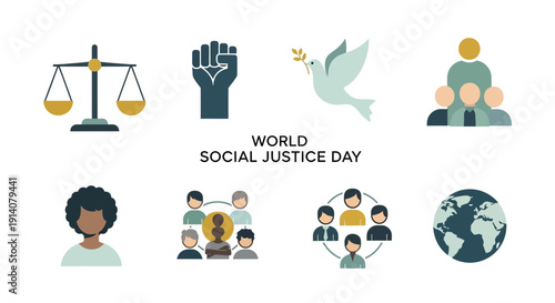Infographic illustration for World Social Justice Day featuring diverse icons and people in a clean design on a white background.