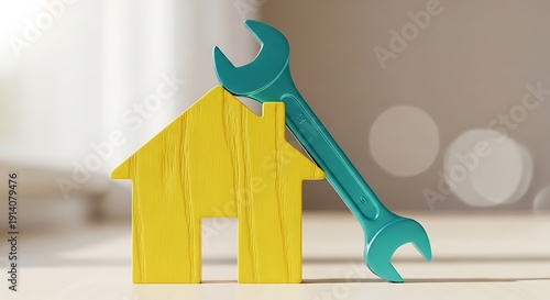 A turquoise wrench is positioned to fix a small, yellow toy house, symbolizing home repair, DIY, real estate services, and property maintenance.
