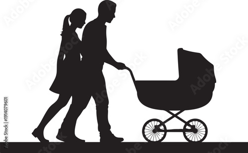 Silhouette of couple pushing baby stroller woman