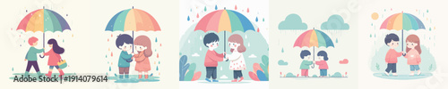 Vector Illustration of a Two Kids Holding an Umbrella in the Rain
