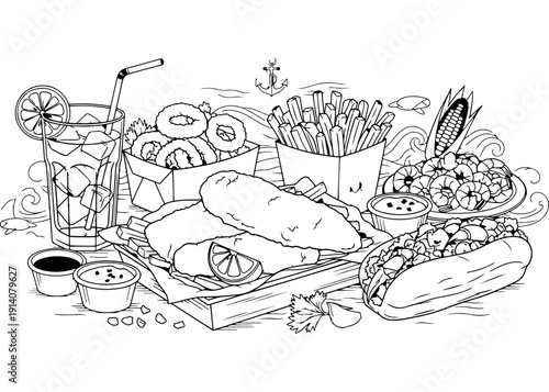 Traditional British Fish and Chips Meal Illustration Featuring Fried Fish Fillet Crispy Fries Lemon Slices and Tartar Sauce in a Detailed Line Art Style for Restaurant Menu and Coloring Book Pages.