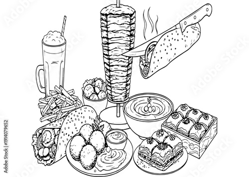 Turkish Doner Kebab and Shawarma Skewer Illustration Featuring Sliced Meat Pita Bread French Fries and Fresh Salad in a Detailed Line Art Style Perfect for Restaurant Menu and Coloring Activity Book.