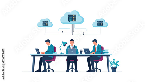 Information technology professionals working on laptops under a symbolic cloud infrastructure connected to database servers.