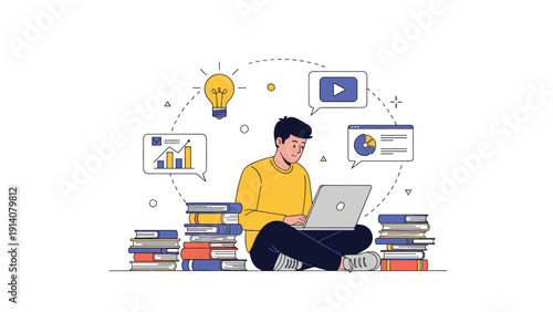 Dedicated student sitting among piles of books while using a laptop to research and learn with various educational icons.