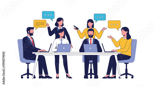 Group of business colleagues engaged in a lively discussion around a meeting table with laptops and active speech bubbles.