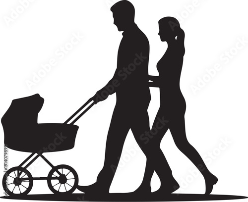Silhouette of couple walking with baby stroller woman