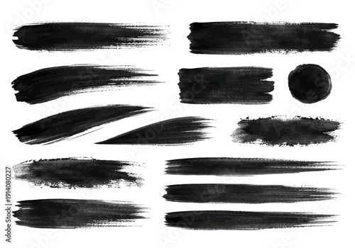 Vector black paint brush spots, highlighter lines or felt-tip pen marker horizontal blobs. Marker pen or brushstrokes and dashes. Ink smudge abstract shape stains and smear set with texture