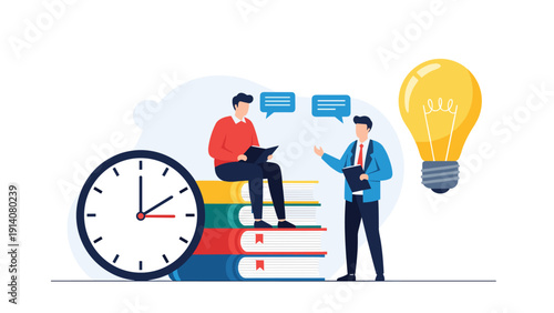 Business partners discussing new project ideas next to a large stack of books and a symbolic clock and lightbulb icon.
