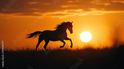 Wallpaper Mural A horse silhouette gallops gracefully against the warm glow of a setting sun. The majestic animal runs through the field. It evokes feelings of freedom, movement. AI Generative Torontodigital.ca