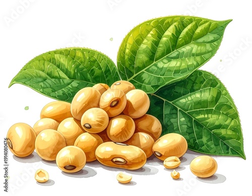 Soybeans and leafy foliage are stacked together in a colorful, detailed illustration on a white background