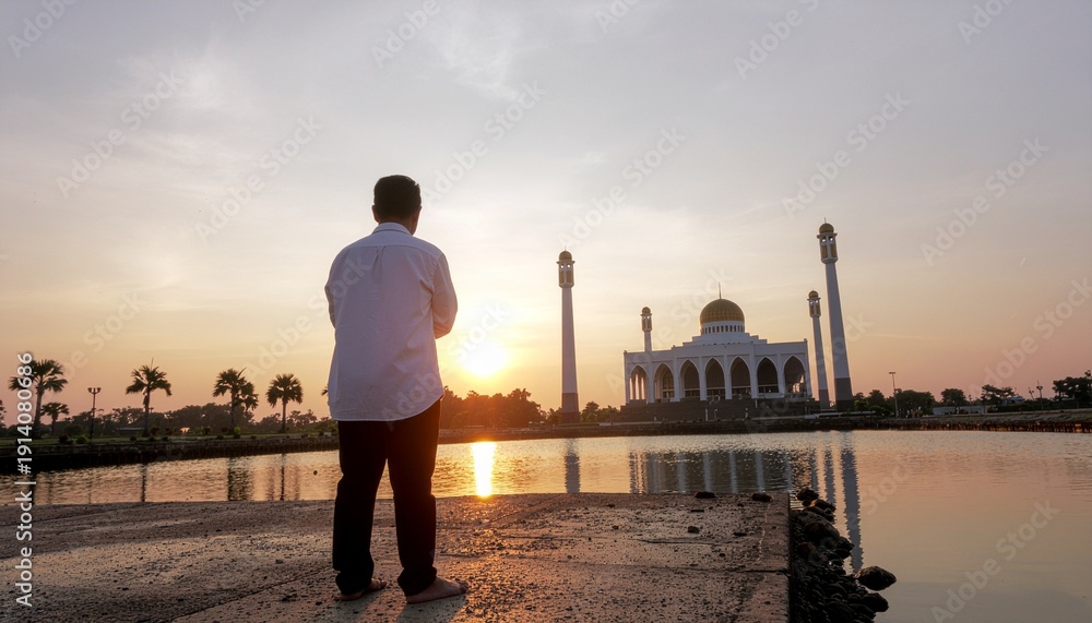 Fototapeta premium Man standing alone on a dock watching sunset over a serene lake with a beautiful white building in the distance