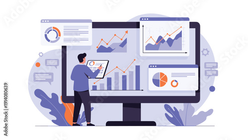 Specialist examining detailed data visualizations and growth charts on a massive high-definition desktop computer screen.