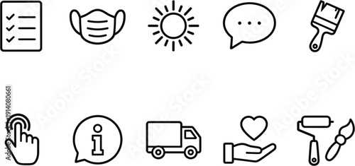 Thin line service and user interface icon set with checklist mask sun chat delivery paint and support symbols vector