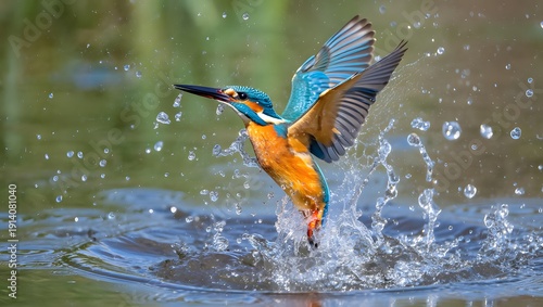 Kingfisher taking flight from water with splashing droplets