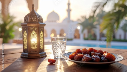 Ramadan decorations and dates on a table outside a mosque at sunset during eid al fitr celebration